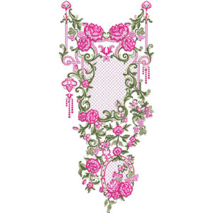 Elegant Pink Floral Neckline Embroidery Design with Flowing Vine and Ornamental Motifs