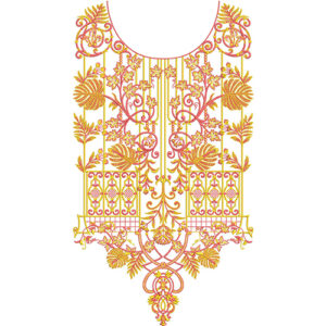 Ornamental Floral Neckline Embroidery Design with Symmetrical Scrollwork and Botanical Motifs