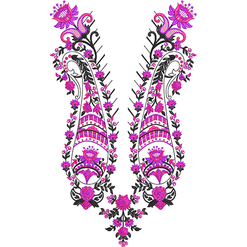 Paisley Floral Neckline Embroidery Design with Decorative Vine and Ornamental Motifs