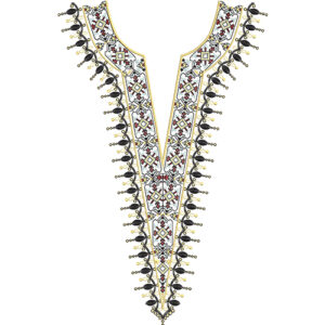 Geometric Ethnic V-Shape Neckline Embroidery Design with Decorative Leaf Border
