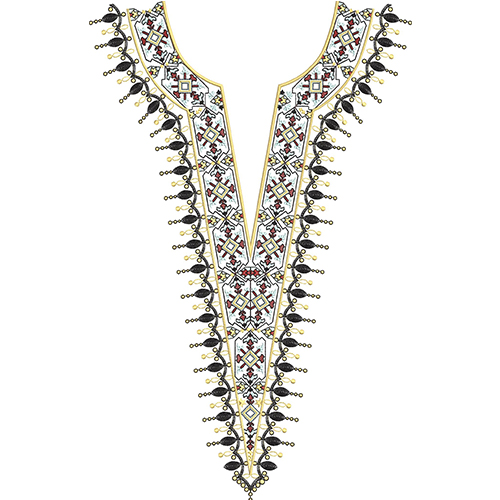 Geometric Ethnic V-Shape Neckline Embroidery Design with Decorative Leaf Border