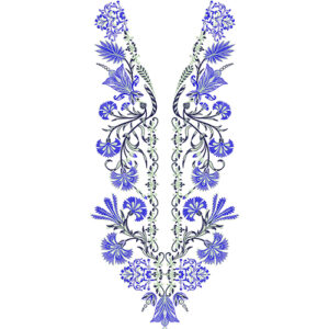 Elegant Blue Floral V-Neckline Embroidery Design with Flowing Botanical Vines