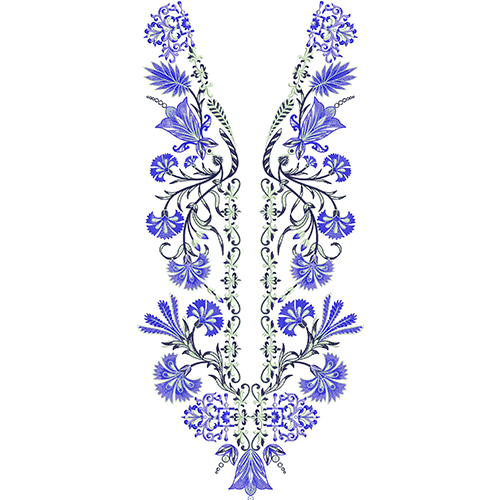 Elegant Blue Floral V-Neckline Embroidery Design with Flowing Botanical Vines