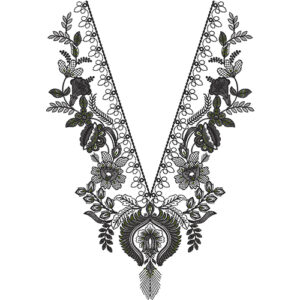 Elegant Black Floral V-Neckline Embroidery Design with Ornamental Paisley Motif