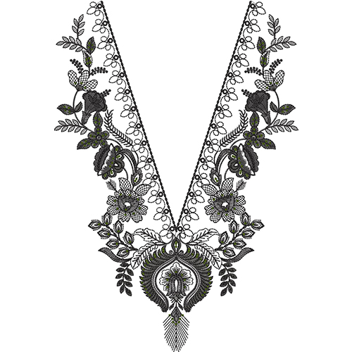Elegant Black Floral V-Neckline Embroidery Design with Ornamental Paisley Motif