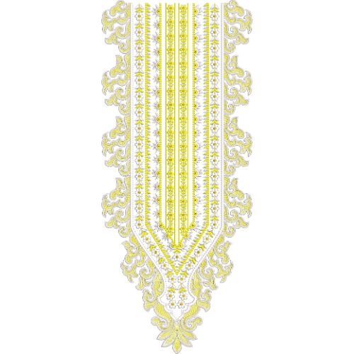Elegant Ornamental Vine U-Shape Neckline Embroidery Design with Decorative Linear Panel