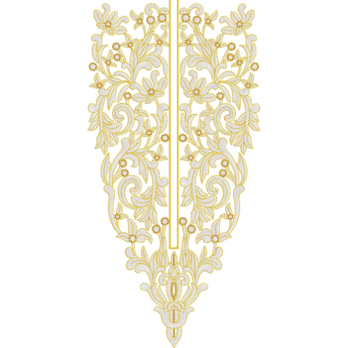 Elegant Floral Scroll Neckline Embroidery Design with Ornamental Symmetrical Panel