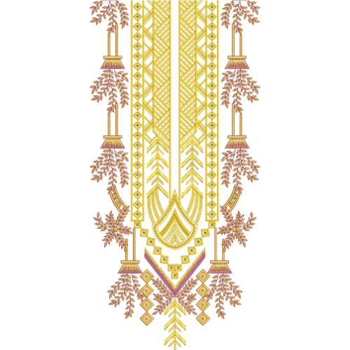 Traditional Geometric and Floral Vine Neckline Embroidery Design with Ornamental Hanging Motifs