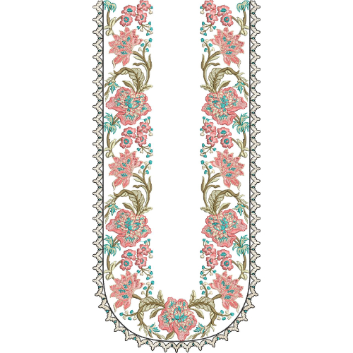Elegant Floral U-Shape Neckline Embroidery Design with Decorative Border