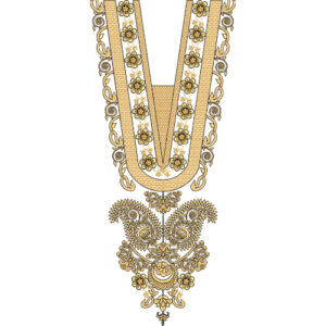 Elegant Floral V-Shape Neckline Embroidery Design with Ornamental Paisley Pendant