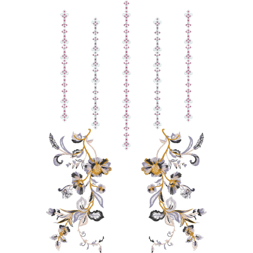 Elegant Floral Spray Neckline Embroidery Design with Decorative Hanging Motifs