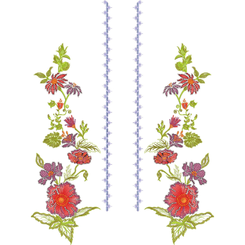 Elegant Floral Vine Neckline Embroidery Design with Decorative Vertical Borders