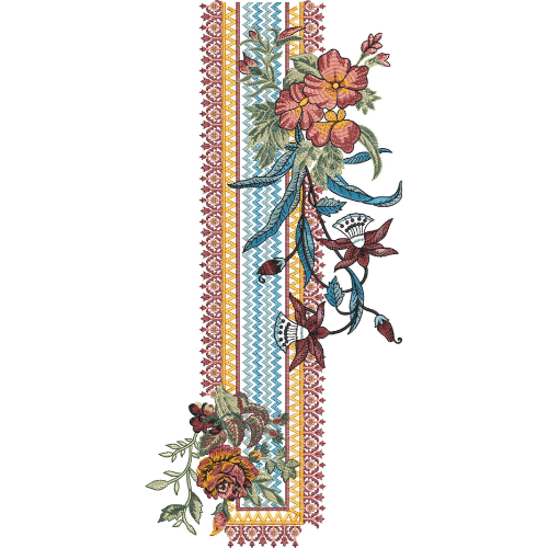 Elegant Floral Vine Panel Neckline Embroidery Design with Decorative Geometric Borders