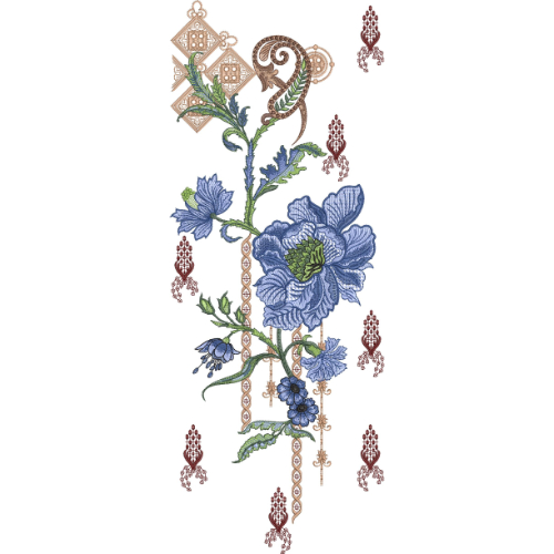 Elegant Blue Floral Vine Neckline Embroidery Design with Ornamental Hanging Motifs