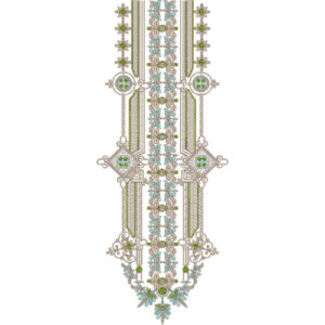 Elegant Ornamental Panel Neckline Embroidery Design with Floral Motifs and Geometric Borders
