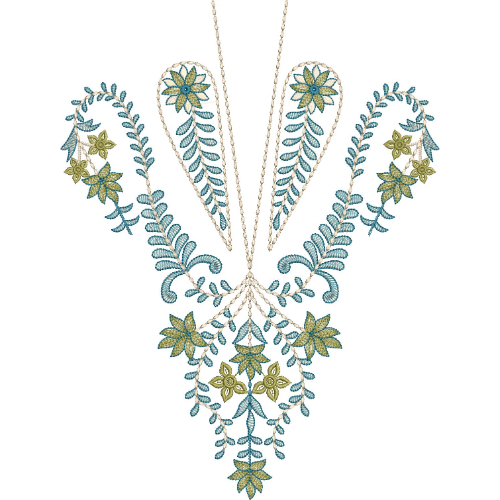 Elegant Floral V-Neckline Embroidery Design with Delicate Leaf Vines