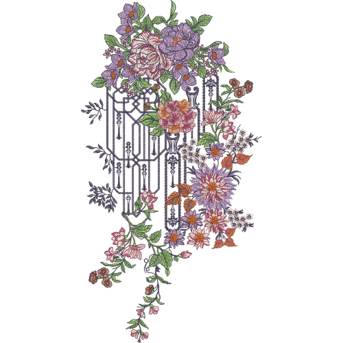 Elegant Floral Cascade Neckline Embroidery Design with Decorative Lattice Frame