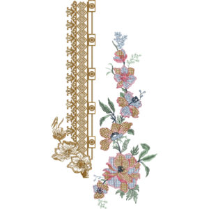 Elegant Floral Vine Neckline Embroidery Design with Ornamental Geometric Border