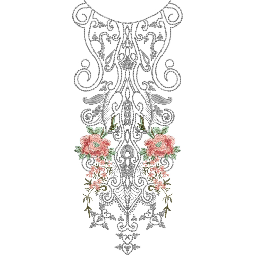 Elegant Floral Scroll Neckline Embroidery Design with Ornamental Vintage Motifs