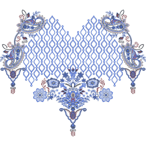 Elegant Paisley Lattice Neckline Embroidery Design with Floral Ornamental Motifs