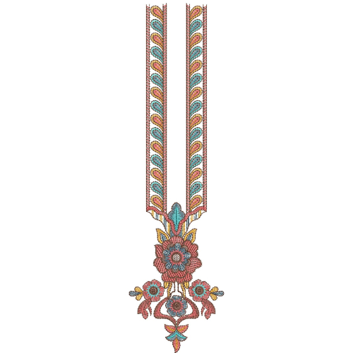 Elegant Paisley Panel Neckline Embroidery Design with Ornamental Floral Pendant