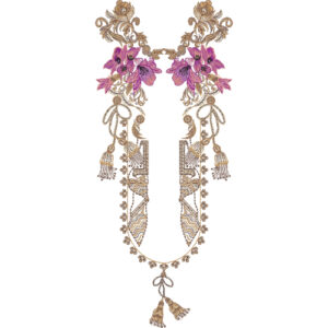 Elegant Floral U-Shape Neckline Embroidery Design with Ornamental Tassel Motifs