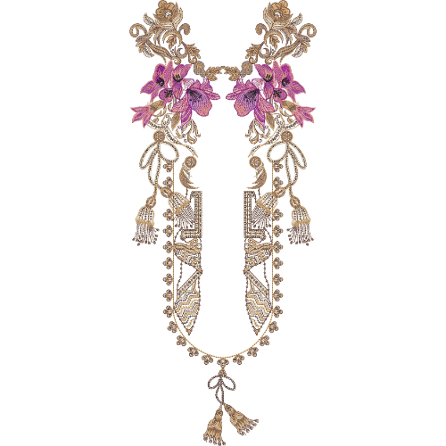 Elegant Floral U-Shape Neckline Embroidery Design with Ornamental Tassel Motifs