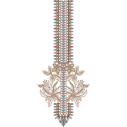 Elegant Floral Panel Neckline Embroidery Design with Decorative Chevron Border