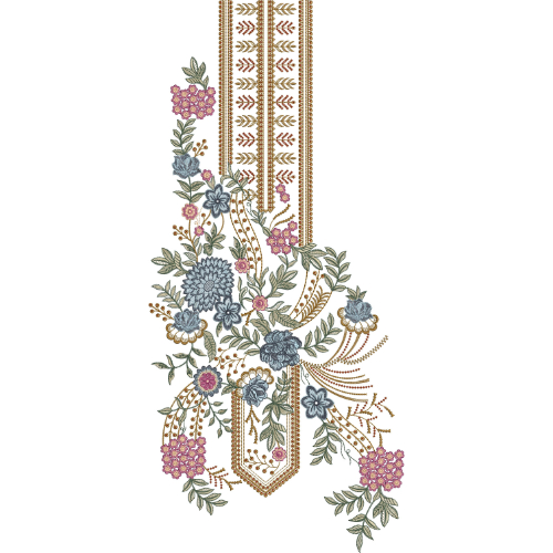 Elegant Floral Bouquet Panel Neckline Embroidery Design with Ornamental Borders