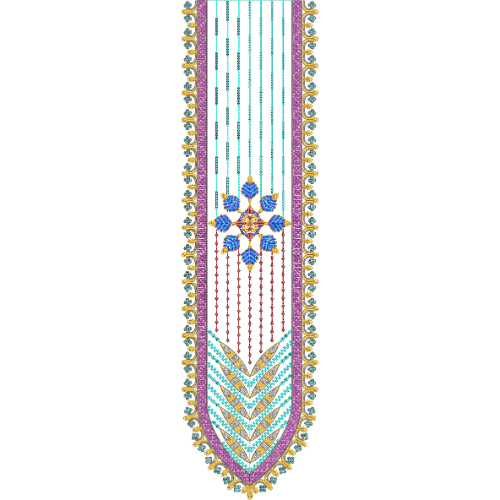 Elegant Geometric Floral Panel Neckline Embroidery Design with Chevron Border