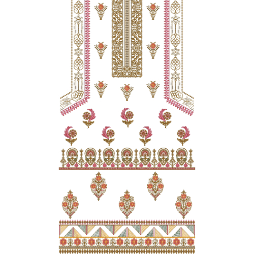 Elegant Multi-Motif Neckline Embroidery Design with Ornamental Borders and Floral Elements