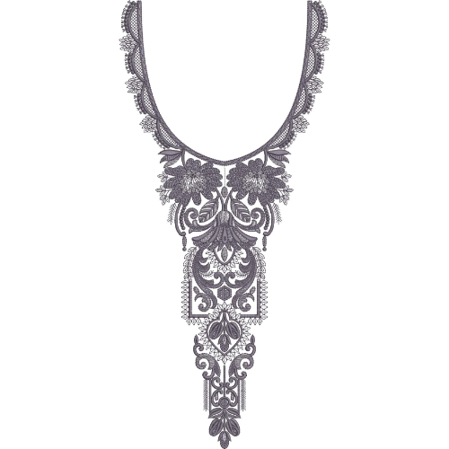 Elegant Ornamental U-Shape Neckline Embroidery Design with Vintage Scrollwork Motifs