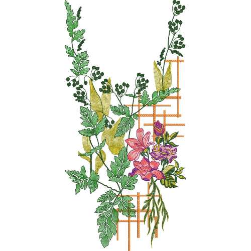 Elegant Floral Vine Neckline Embroidery Design with Decorative Lattice Framework