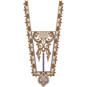 Elegant Ornamental V-Shape Neckline Embroidery Design with Floral Scroll Borders