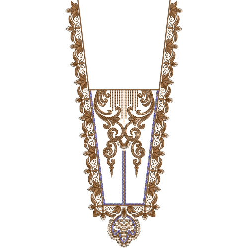 Elegant Ornamental V-Shape Neckline Embroidery Design with Floral Scroll Borders