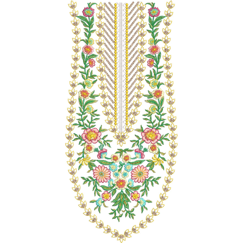 Colorful Floral U-Neckline Embroidery Design with Decorative Vine Motifs