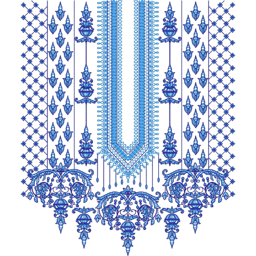Traditional Blue Ornamental Neckline Embroidery Design with Geometric and Hanging Motifs