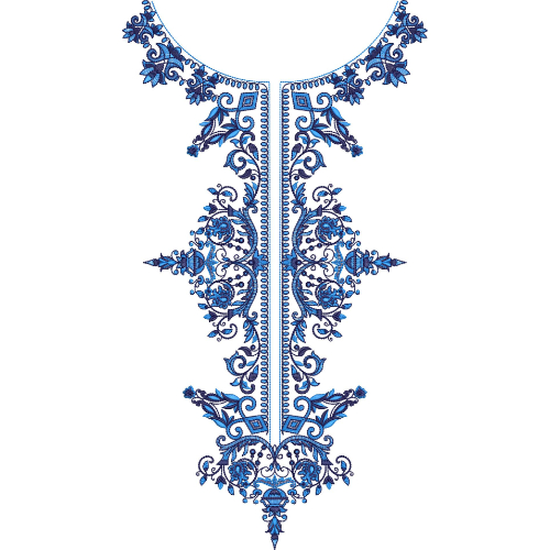 Elegant Blue Ornamental Neckline Embroidery Design with Floral Scroll Motifs