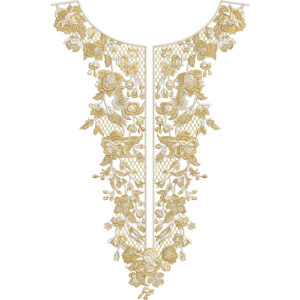 Elegant Gold Floral V-Neckline Embroidery Design with Dense Botanical Motifs