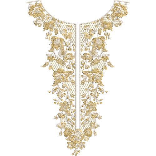 Elegant Gold Floral V-Neckline Embroidery Design with Dense Botanical Motifs