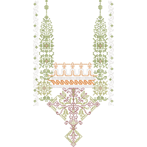 Traditional Ornamental U-Neckline Embroidery Design with Geometric and Floral Motifs