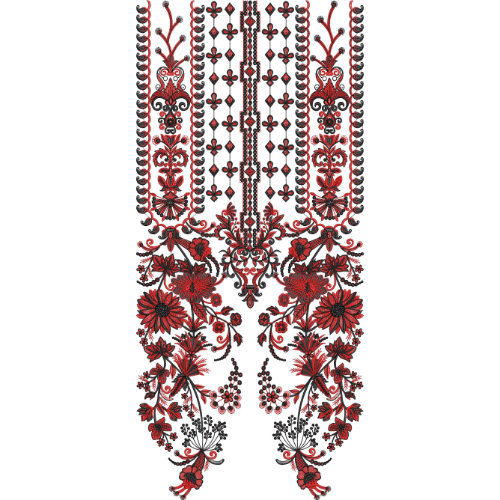 Intricate Red and Black Floral Neckline Embroidery Design with Ornamental Vertical Motifs