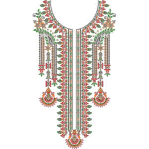 Colorful Traditional Neckline Embroidery Design with Floral Motifs and Decorative Hanging Elements