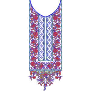 Traditional Red and Blue Floral V-Neckline Embroidery Design with Ornamental Motifs