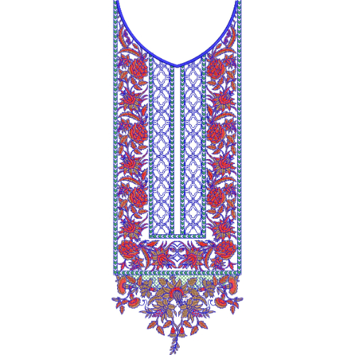 Traditional Red and Blue Floral V-Neckline Embroidery Design with Ornamental Motifs