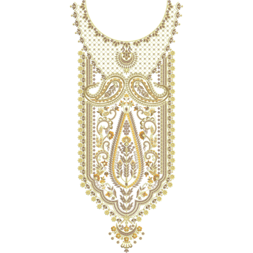 Elegant Gold Paisley Neckline Embroidery Design with Ornamental Motifs