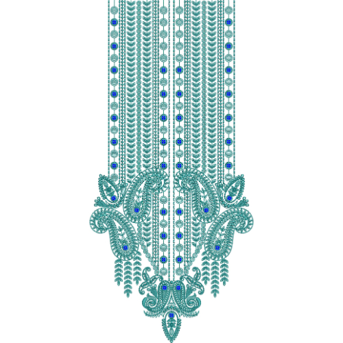Turquoise Paisley and Floral Vine Neckline Embroidery Design with Vertical Motifs