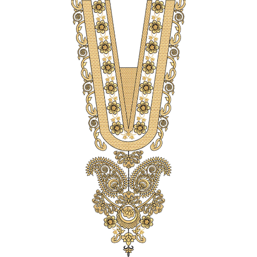 Elegant Gold Floral V-Neckline Embroidery Design with Ornamental Scroll Motifs