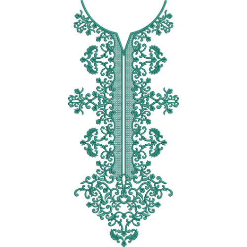 Elegant Teal Ornamental V-Neckline Embroidery Design with Scroll Vine Motifs