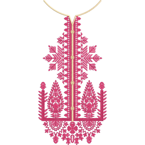 Traditional Pink Geometric Neckline Embroidery Design with Ethnic Floral Motifs